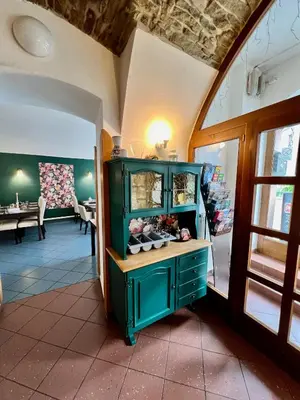 a green cabinet in the middle of a room at hotel Florian Sedlčany in Sedlčany