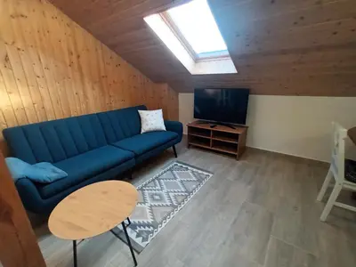 a living room with a blue couch and a tv at Apartmán Svaté Pole in Svaté Pole