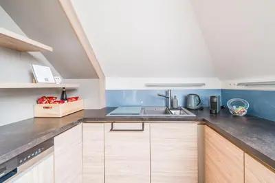 a kitchen with a stove and a refrigerator at Apartmán VALORI - 100m2 in Poděbrady