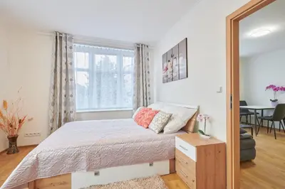 a bedroom with a bed and a mirror at Apartment Sun & Moon in Prague