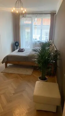 a bedroom with a bed and a potted plant at Anenska by Charles Bridge 3 in Prague