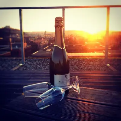 a bottle of wine and a pair of glasses on a table at Cozy apartment fully equipped in Prague