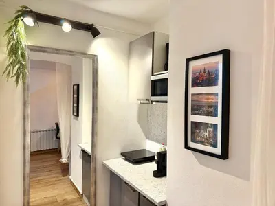 a room with a kitchen with a counter and a hallway at Urban downtown studio in Prague