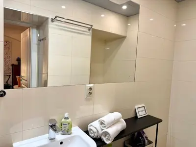 a bathroom with a sink and a mirror at Urban downtown studio in Prague