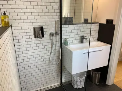 a bathroom with a shower and a sink at Romantic Terrace Studio in Karlín in Prague