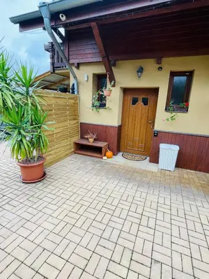 a house with a wooden door and a patio at Dolpo 5 in Benešov