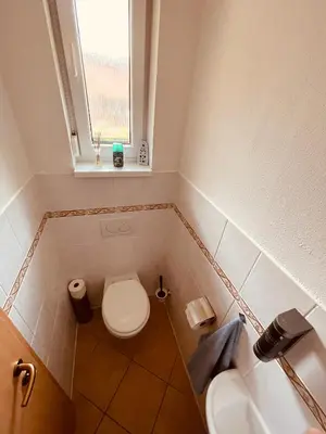 a bathroom with a toilet and a sink and a window at Dolpo 5 in Benešov