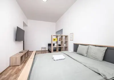 a bedroom with a large bed and a tv at Elegance Apartments in Prague