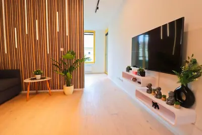 a living room with a large flat screen tv at The Peony Apartment in Smichov, Prague 5 in Prague