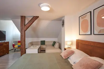 a bedroom with a bed and a couch and a television at Rybna - Old Town Residence in Prague