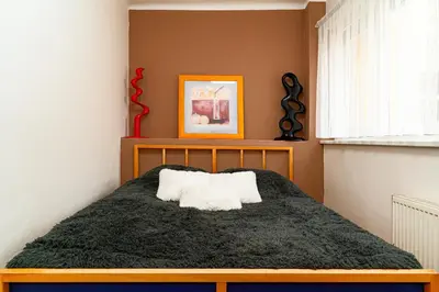 a bedroom with a bed with a black blanket at Kingdom of Skylight in Prague