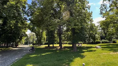 a park with trees and a person riding a scooter at Prague Castle Garden Residence in Prague