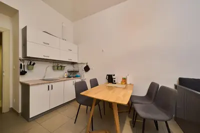a kitchen with a table and chairs in a room at T&T Homestay in Prague