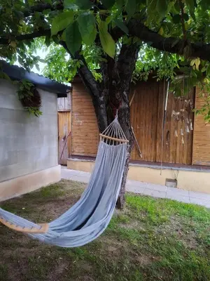 a hammock hanging from a tree in a yard at Záhradní chata Kbelská 335 in Prague