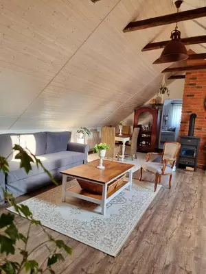 a living room with a couch and a coffee table at Apartmán u Stef in Borotice