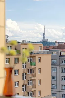 a view of a building from a window at Bright 2BR - 7th floor, Balcony, Free Parking by Gravity Prague in Prague