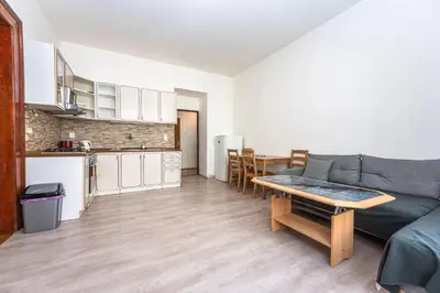 a living room with a couch and a table at Apartment Charkovska 18 in Prague