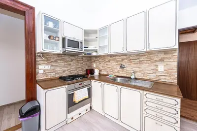 a small kitchen with white cabinets and a sink at Apartment Charkovska 18 in Prague