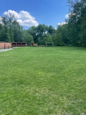 a large grass field with a soccer goal at Penzion Černý Mlýn in Dubá