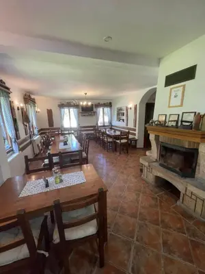 a living room with tables and chairs and a fireplace at Penzion Černý Mlýn in Dubá