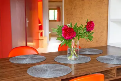 a table with red flowers in a vase on it at Chaloupka Křivoklát in Křivoklát