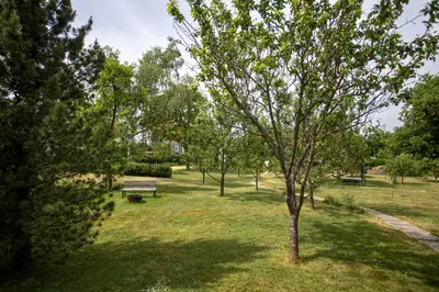 a park with a bench and trees in the grass at Chaloupka Křivoklát in Křivoklát