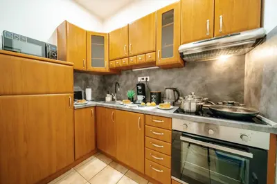 a kitchen with wooden cabinets and a stove at Cityscape Charm Spacious 3 Bedroom Haven for 7 in Prague