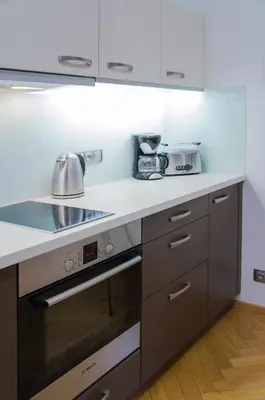 a kitchen with a stove and a counter top at Modern Apartment Všehrdova in Prague