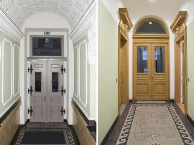 two images of a hallway with a door at Modern Apartment Všehrdova in Prague
