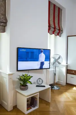 a living room with a flat screen tv on a wall at Modern Apartment Všehrdova in Prague