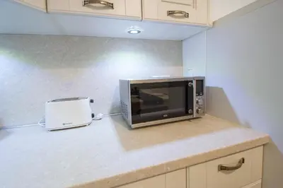 a microwave sitting on a counter in a kitchen at Modern Apartment Charvátova in Prague