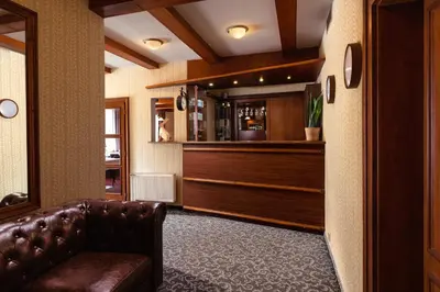 a bar with a brown leather couch in a room at Prague Hotel Carl Inn restaurant & Free Parking in Prague