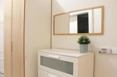 a mirror on a wall above a dresser with a plant at Modern Apartment Ve Smečkách 28 in Prague