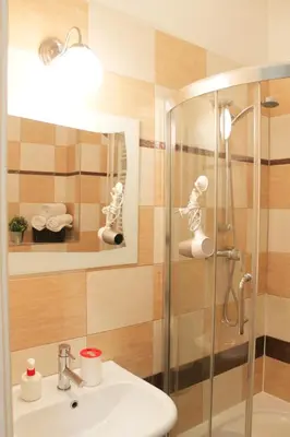 a bathroom with a shower and a sink and a mirror at Modern Apartment Ve Smečkách 28 in Prague