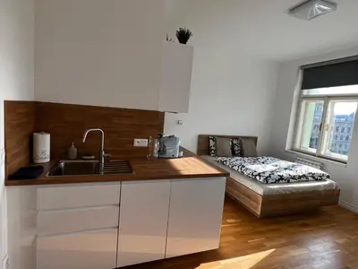 a kitchen with a sink and a bed in a room at National Museum View Studio in Prague