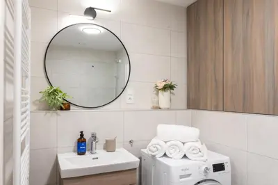 a bathroom with a sink and a mirror and a washing machine at Prague Days - Modern Apartment with Terrace and AC in Karlín in Prague