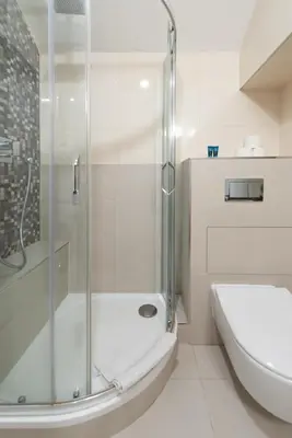 a bathroom with a shower and a toilet and a sink at Milano Apartment in Prague