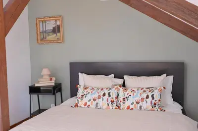 a bedroom with a bed with a black headboard and pillows at bohemian symphony in Prague