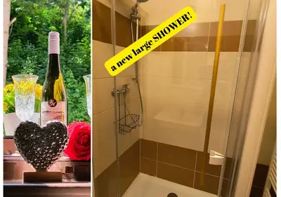 a glass shower door with a bottle of wine at AUTHENTIC Vyšehrad-2BR-Near CONGRES center-Riverside to the center in Prague