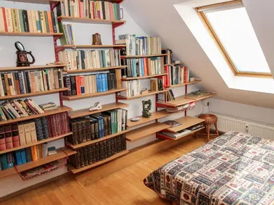 a room with book shelves filled with books at Apartment Hodkovičky by Interhome in Prague