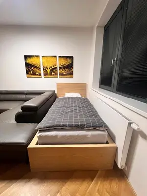 a small room with a bed and a couch at Vikys Apartment in Prague