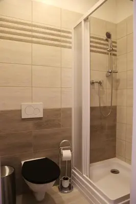 a bathroom with a toilet and a shower at Arbes 11 in Prague