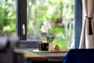 a vase with a white flower on a table at Chata Kloučka Stříbrná Skalice in Stříbrná Skalice