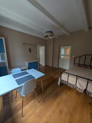 a living room with a table and a table and chairs at Airport Private Apartment, Advance Registration, No Reception, Self Check-in, Calm Environment, Non-Smoking Guests in Kněžívka