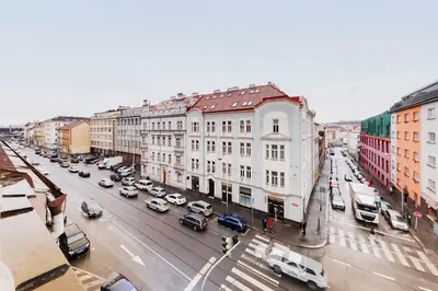 an aerial view of a city street with cars at One bedroom Apartment at Sokolovska in Prague