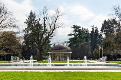 a fountain in a park with a gazebo at Apartment in center of Poděbrady in Nymburk