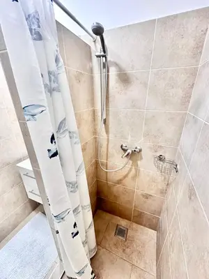 a shower with a shower curtain in a bathroom at Viaduct View Apartment in Prague