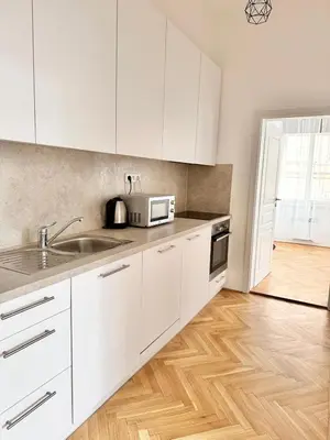 a white kitchen with a sink and a microwave at Viaduct View Apartment in Prague