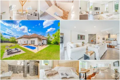 a collage of photos of a house at Vila Sara s bazénem a infrasaunou na kraji Prahy in Zbuzany
