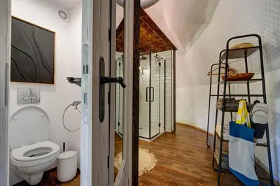 a bathroom with a toilet and a walk in shower at Tiché místo Glamping in Slapy
